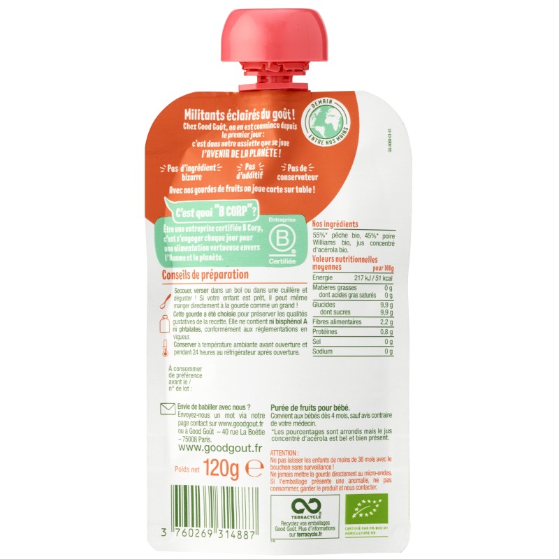 Bio Gourde pêche poire dès 4 mois 120g