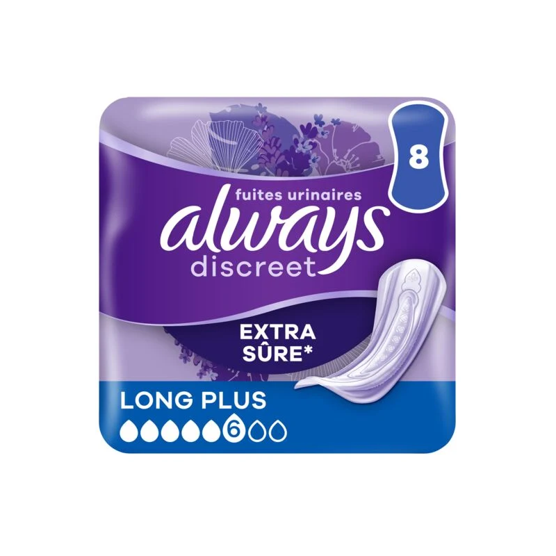 Serviettes fuites urinaires discreet extra sûre long plus x8