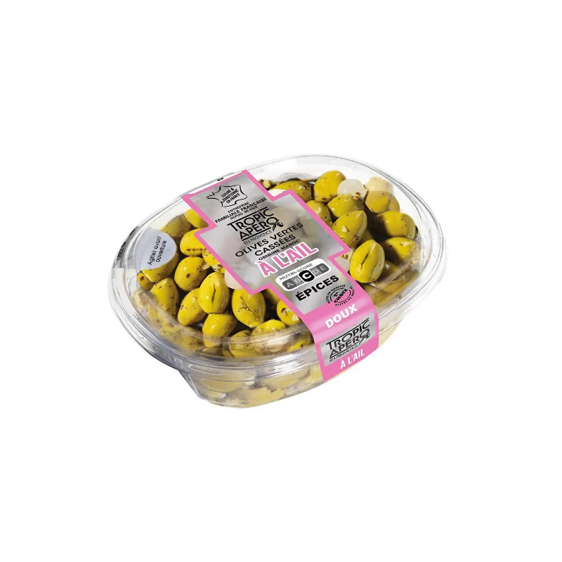 Olives vertes cassées du Maroc à l'ail 250g
