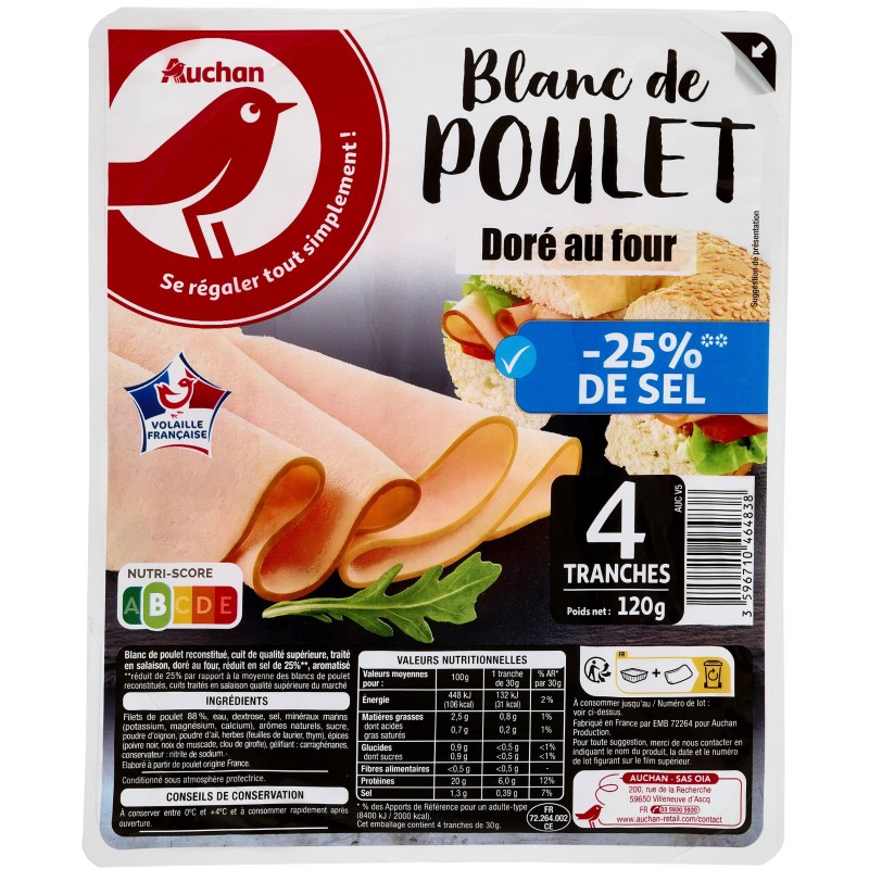Blanc de poulet doré au four -25% de sel x4 120g