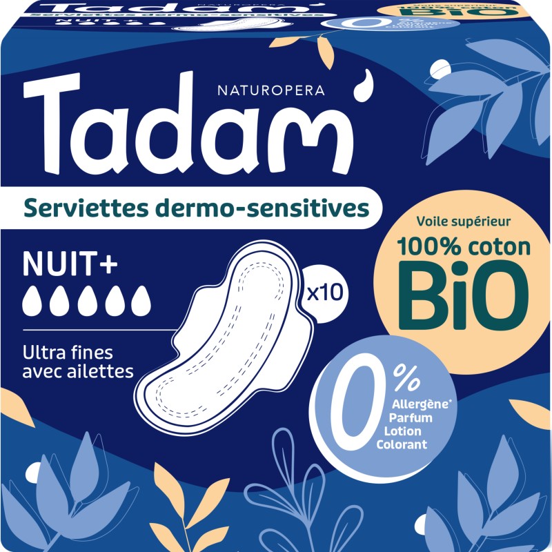 Serviettes hygiéniques sensitive nuit avec ailettes 100% coton bio x10
