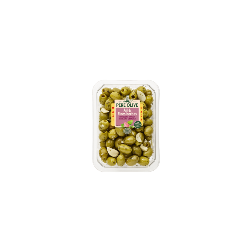 Olives vertes à l'ail et fines herbes dénoyautées 400g