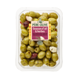 Olives vertes gousses d'ail et herbes dénoyautés 400g