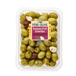Olives vertes gousses d'ail et herbes dénoyautés 400g