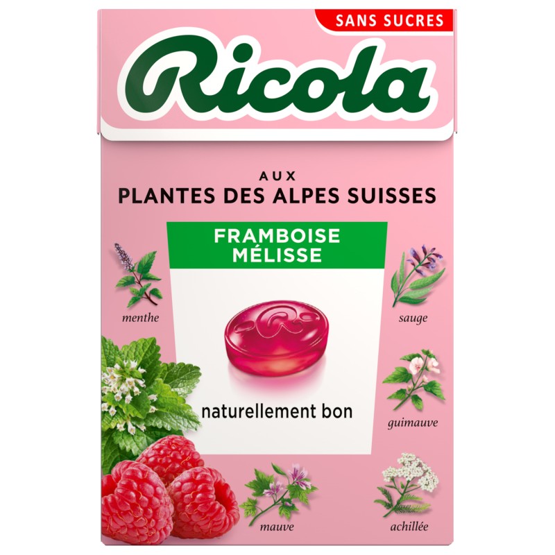 Bonbons suisses aux plantes saveur framboise mélisse sans sucre 50g