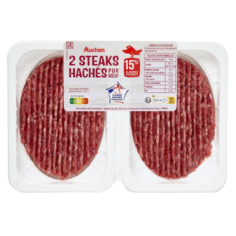 Steaks hachés pur bœuf 15%mg 2x100g