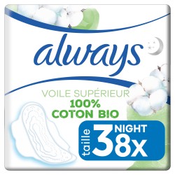 Serviettes hygiéniques nuit avec ailettes 100% coton bio taille 3 x8