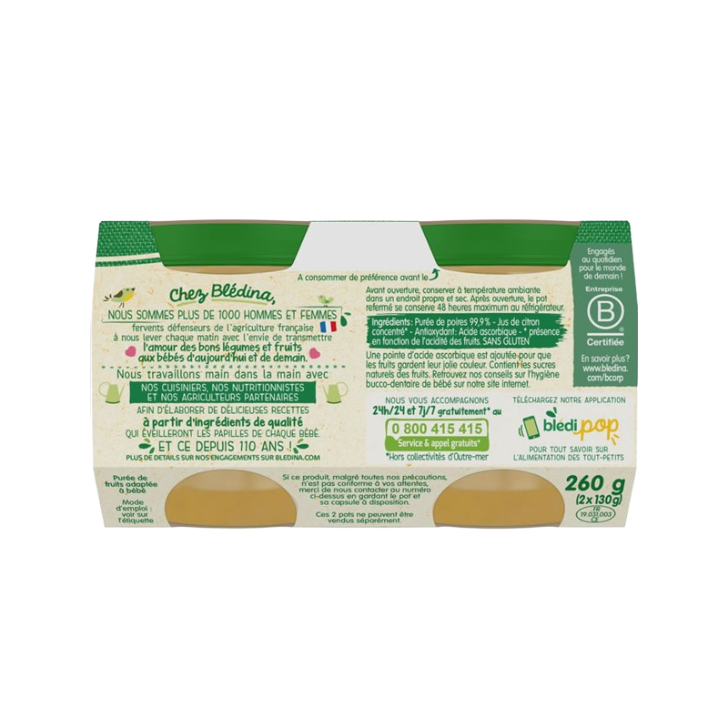Petit pot dessert poires dès 4 mois sans gluten 2x130g