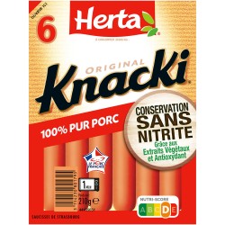 Knacki saucisse sans nitrite pur porc x6 210g
