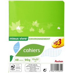 Lot de 3 cahiers piqués 17x22cm 48 pages grands carreaux