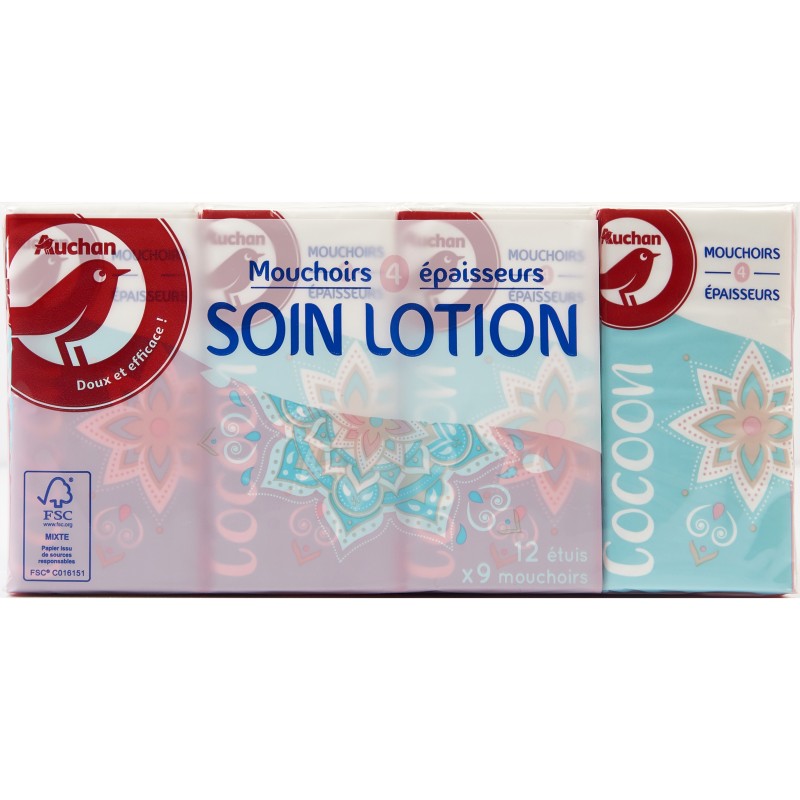 Mouchoirs soin lotion 4 épaisseurs paquets x12