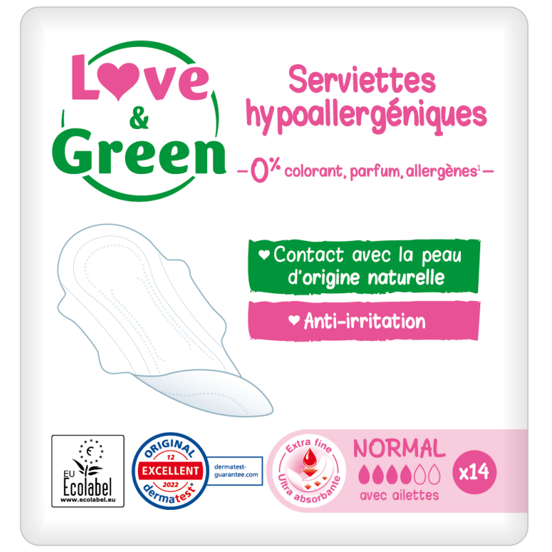 Serviettes hygiéniques hypoallergénique normal avec ailettes x14