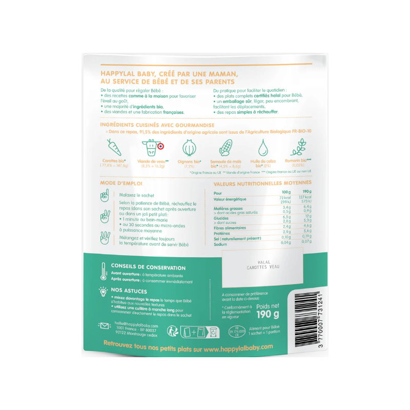 Purée moulinée Ma purée carottes et veau Halal dès 9 mois 190g