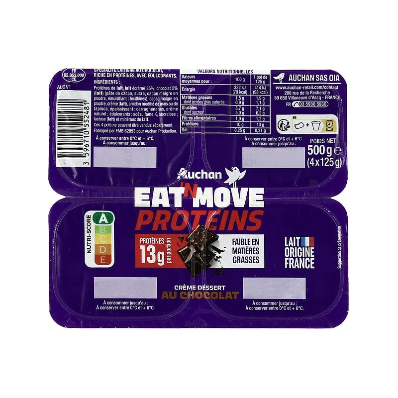 Crème dessert protéines 13g au chocolat 4x125g