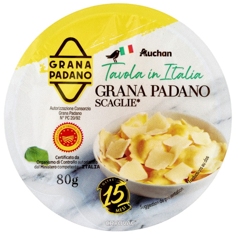 Fromage grana padano AOP 15 mois d'affinage en copeaux 80g