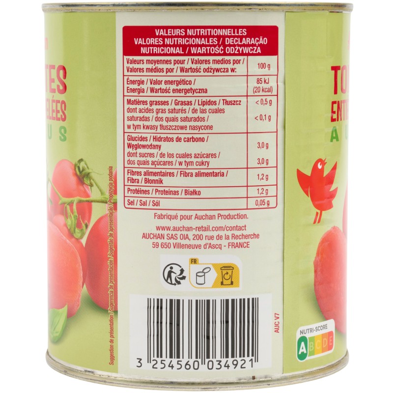 Tomates Entières Pelées au Jus 480g
