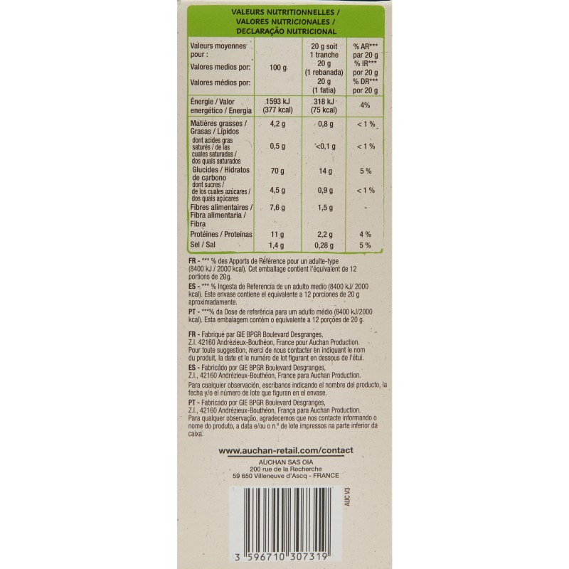 Pain Grillé Farine Complète 12 tranches 250g