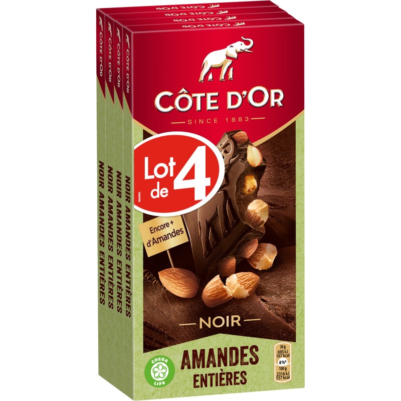 Tablette de chocolat noir aux amandes entières 4x180g
