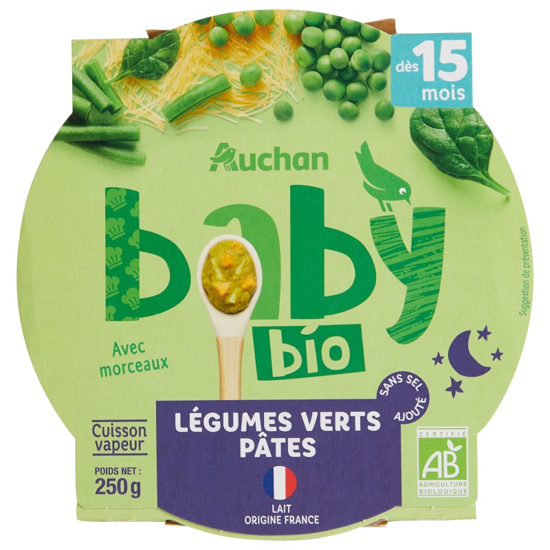 Assiette de légumes verts et pâtes dès 15 mois 250g