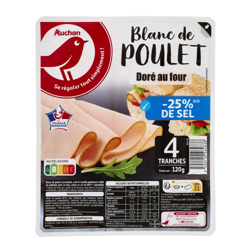 Blanc de poulet doré au four -25% de sel x4 120g