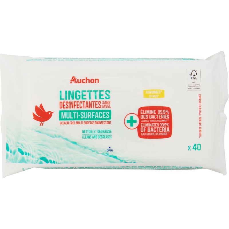 Lingettes désinfectantes multi-surfaces sans javel x40
