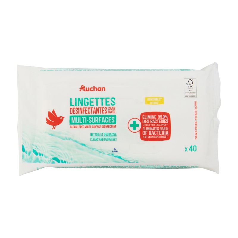 Lingettes désinfectantes multi-surfaces sans javel x40