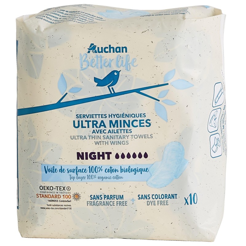 Serviettes hygiéniques nuit ultra minces avec ailettes x10