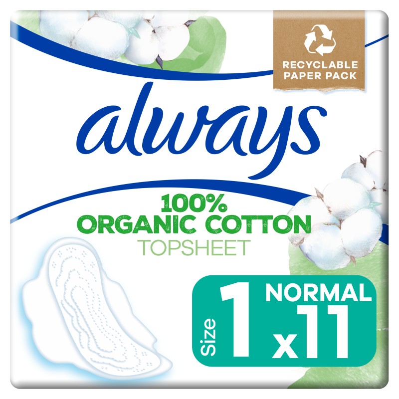 Serviettes hygiéniques normal avec ailettes 100% coton bio taille 1 x11