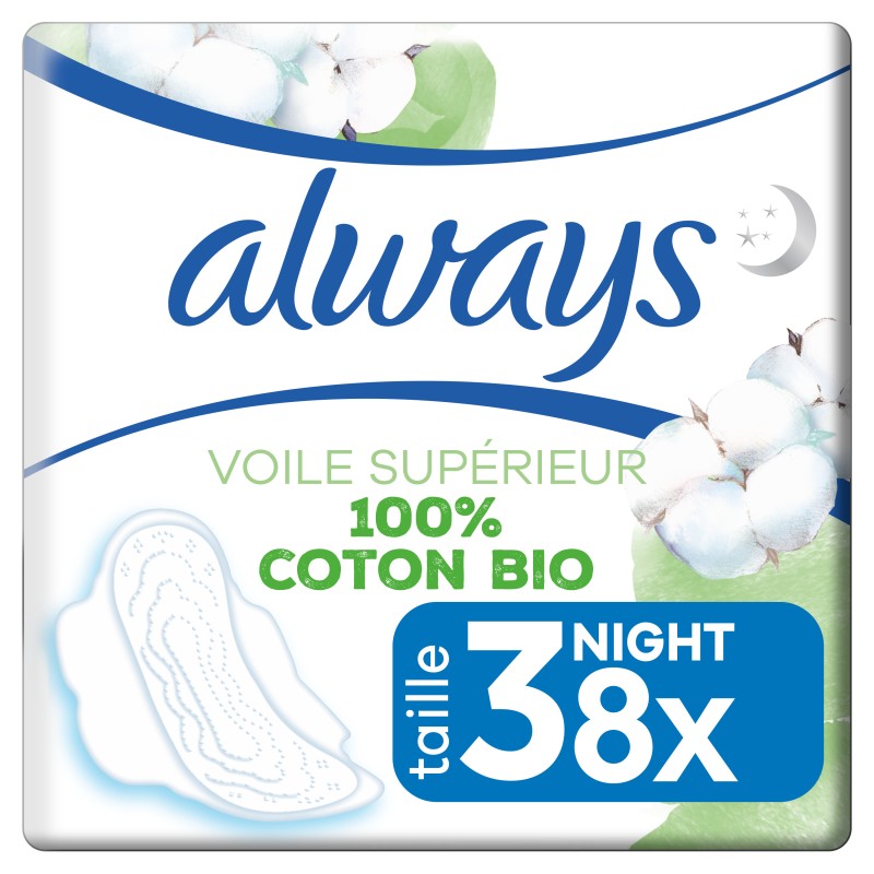 Serviettes hygiéniques nuit avec ailettes 100% coton bio taille 3 x8