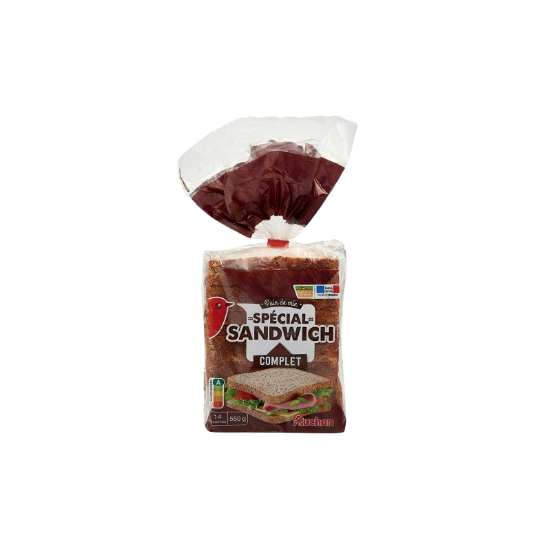 Pain de mie complet grandes tranches spécial sandwich 14 tranches 550g
