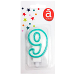 Bougie d'anniversaire blanche n°9 avec contour turquoise 7.5cm x1