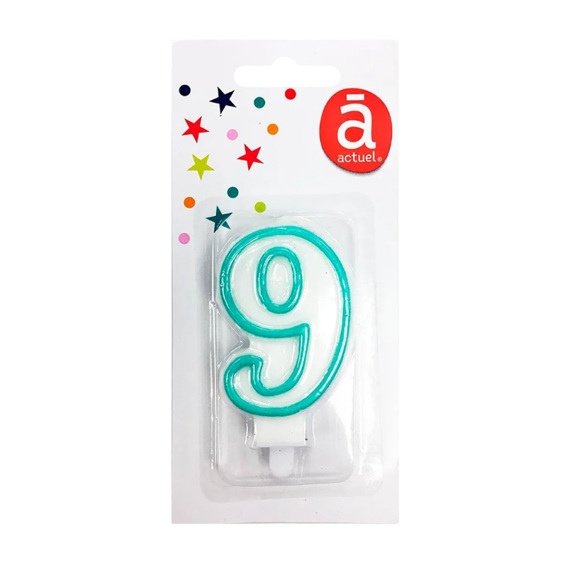 Bougie d'anniversaire blanche n°9 avec contour turquoise 7.5cm x1