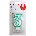 Bougie d'anniversaire blanche n°3 avec contour turquoise 7.5cm x1