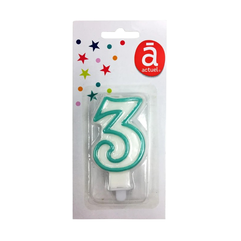 Bougie d'anniversaire blanche n°3 avec contour turquoise 7.5cm x1