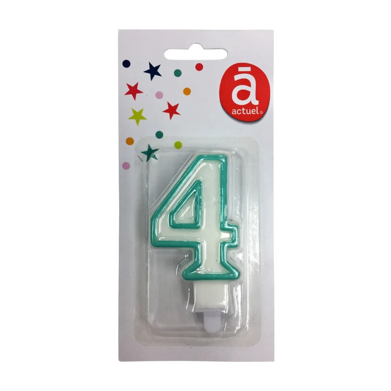 Bougie d'anniversaire blanche n°4 avec contour turquoise 7.5cm x1