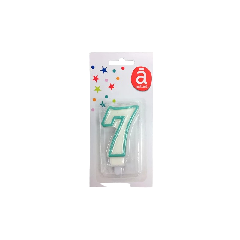 Bougie d'anniversaire blanche n°7 avec contour turquoise 7.5cm x1