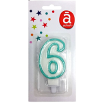 Bougie d'anniversaire blanche n°6 avec contour turquoise 7.5cm x1