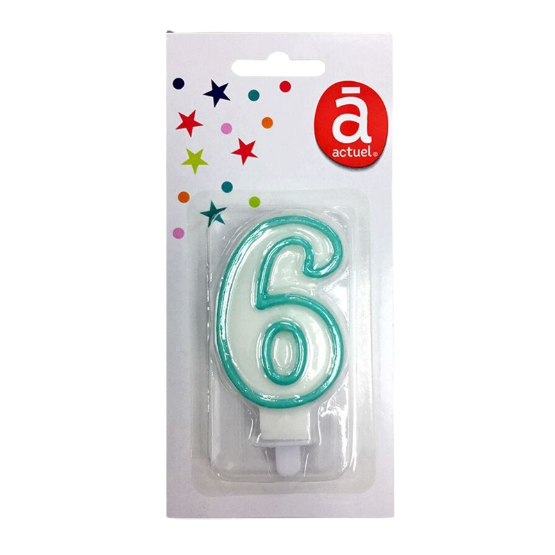 Bougie d'anniversaire blanche n°6 avec contour turquoise 7.5cm x1