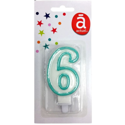 Bougie d'anniversaire blanche n°6 avec contour turquoise 7.5cm x1