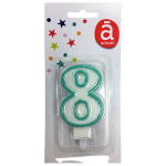 Bougie d'anniversaire blanche n°8 avec contour turquoise 7.5cm x1