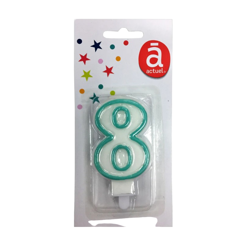 Bougie d'anniversaire blanche n°8 avec contour turquoise 7.5cm x1