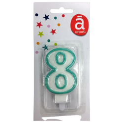 Bougie d'anniversaire blanche n°8 avec contour turquoise 7.5cm x1