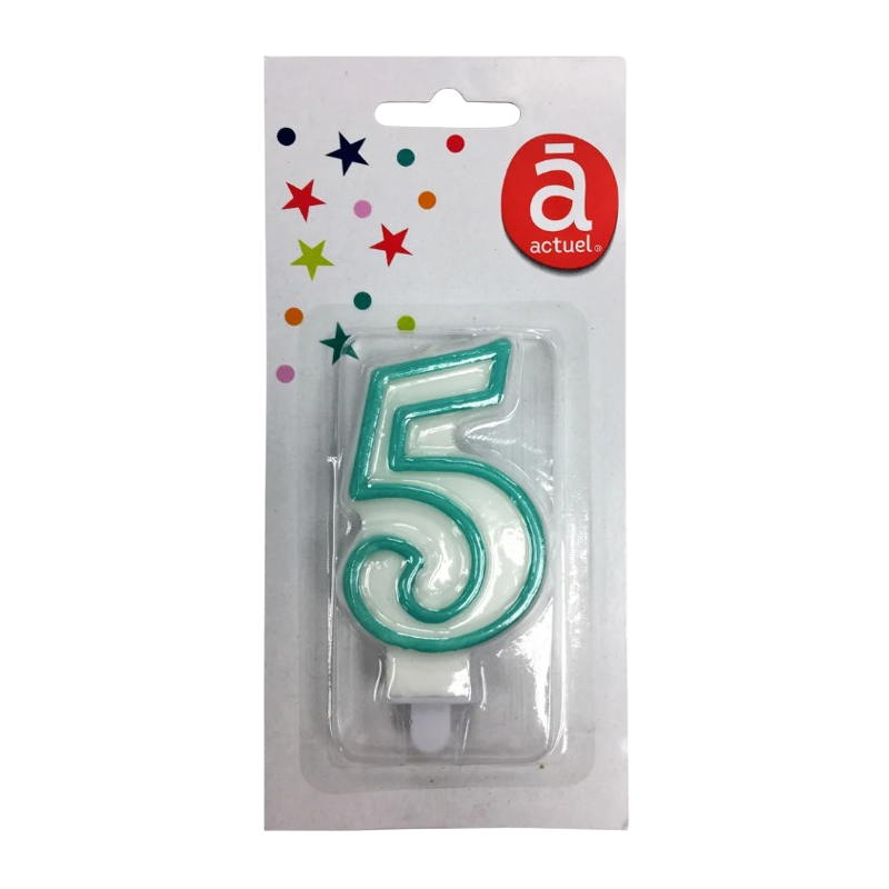 Bougie d'anniversaire blanche n°5 avec contour turquoise 7.5cm x1