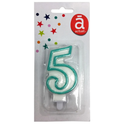 Bougie d'anniversaire blanche n°5 avec contour turquoise 7.5cm x1