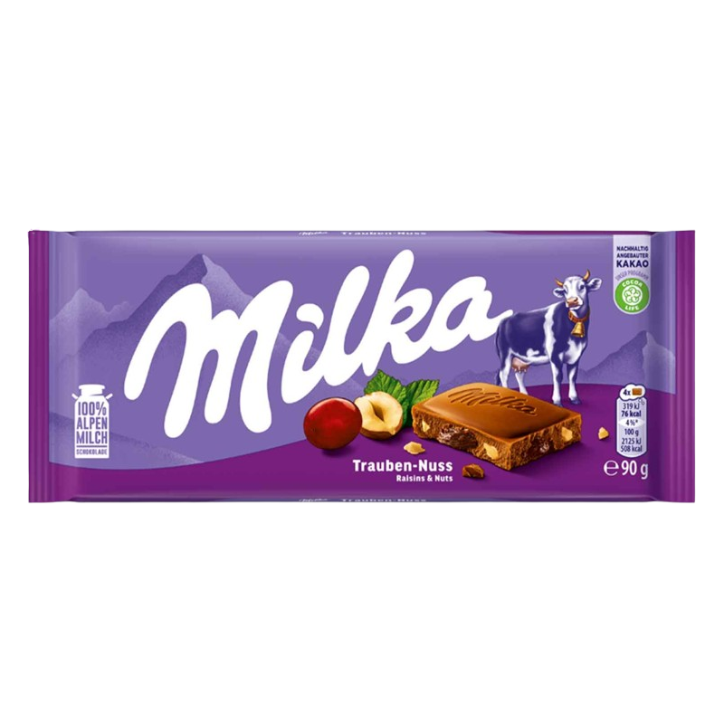 Tablette de chocolat au lait alpin raisins secs et noisettes 90g