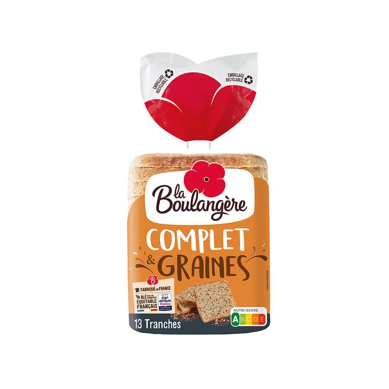 Pain de mie complet et graines 13 grandes tranches 500g