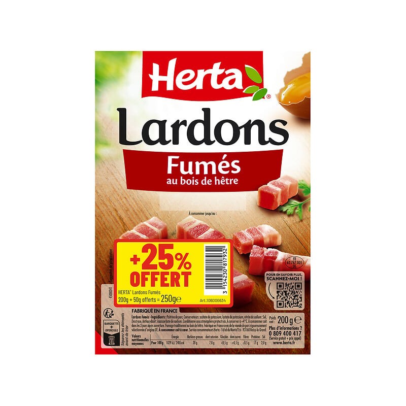 Lardons fumés 250g dont 25% gratuit