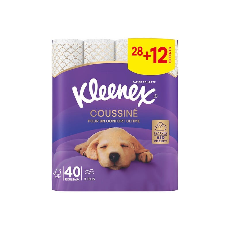 Papier toilette blanc coussiné 3 épaisseurs 40 rouleaux dont 12 offerts